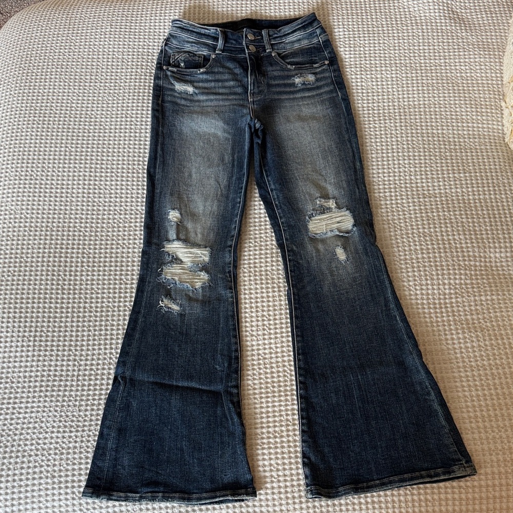 Buckle Dark Blue Distressed Flare Jeans